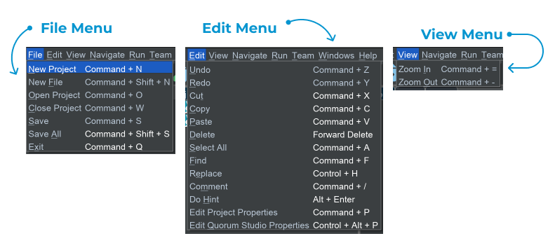 Screenshots of the File, Edit, and View Menu from Quorum Studio